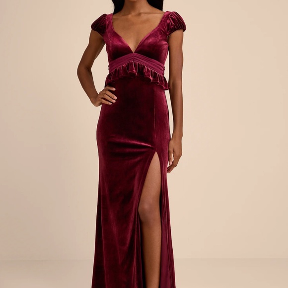 Lulus Romari Burgundy Velvet Ruffled Puff Sleeve Bow Maxi Dress Red - Size M - Picture 5 of 5